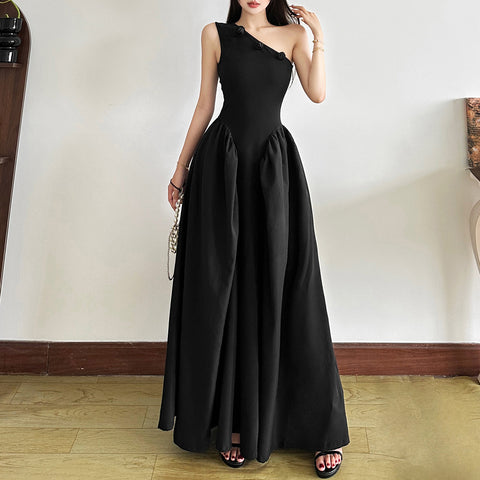 One-shoulder design 3D flower embellished maxi dress