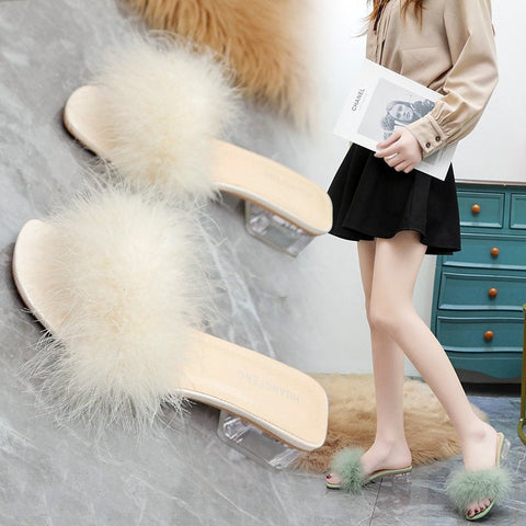 Women's Summer Korean Chunky Feather Solid Color Heels