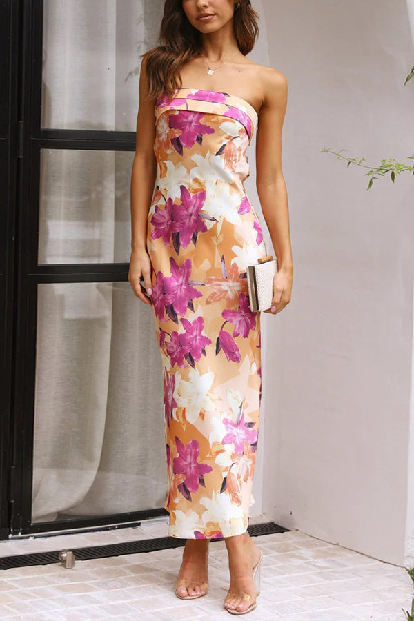 Floral Strapless Backless Midi Dress