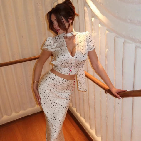 Polka Dot Print Hip Fishtail Skirt Suit