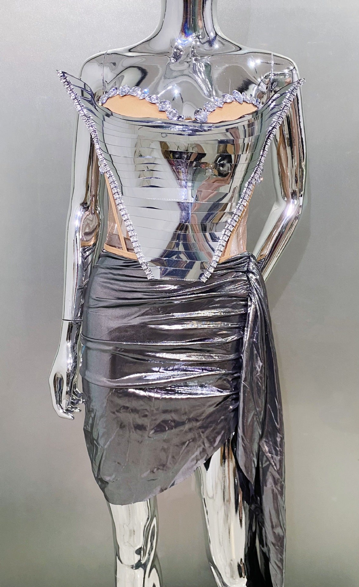 Metal Corset Crystals Mesh Dress