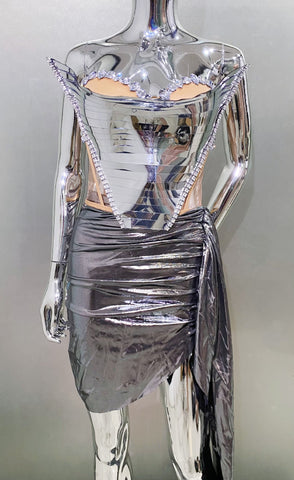 Metal Corset Crystals Mesh Dress