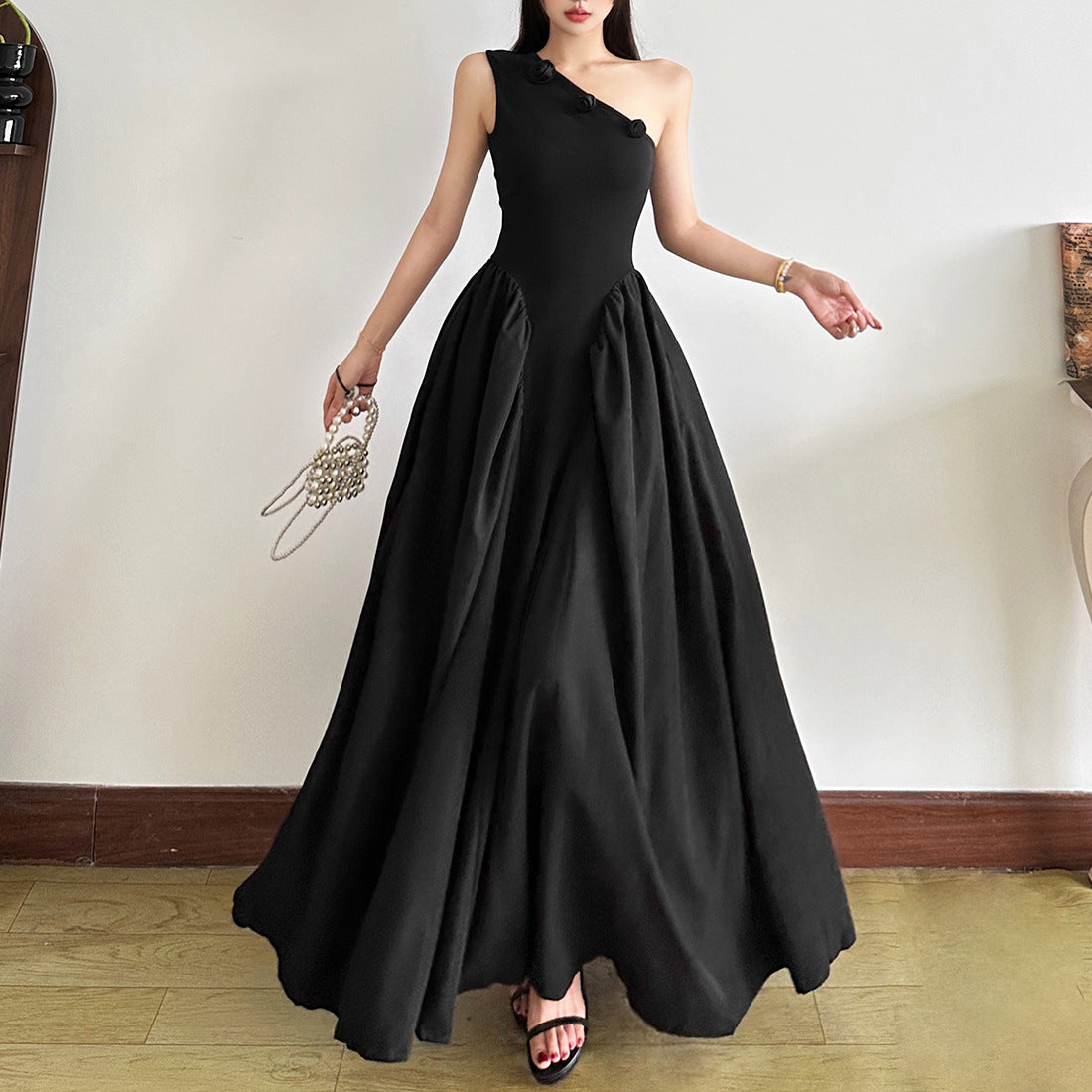 One-shoulder design 3D flower embellished maxi dress