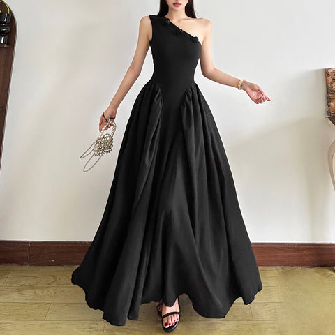 One-shoulder design 3D flower embellished maxi dress