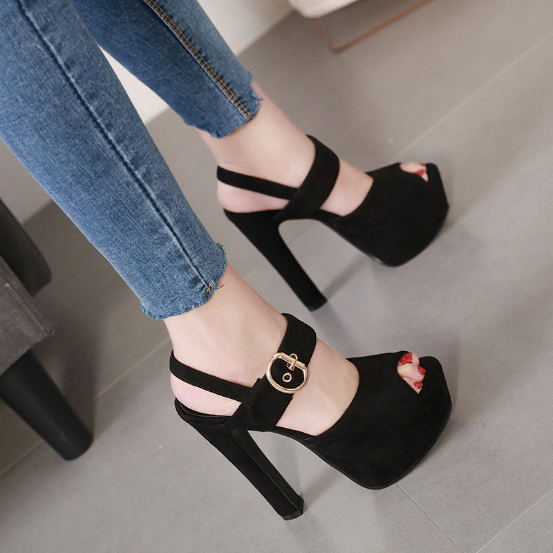 Women's High Platform Buckle Chunky Peep Toe Heels