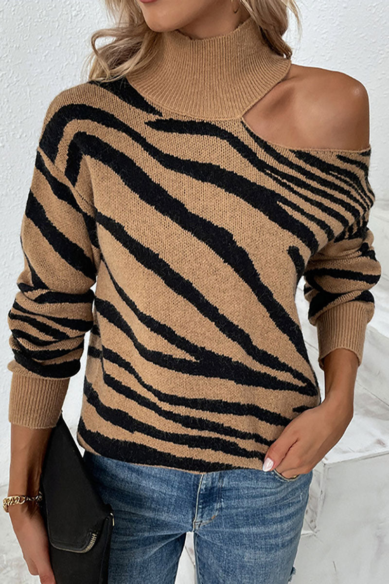 Tiger Print Turtleneck Drop-Shoulder Contrast Knit Sweater