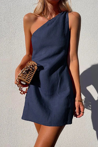 Minimalism One Shoulder Linen Mini Dress