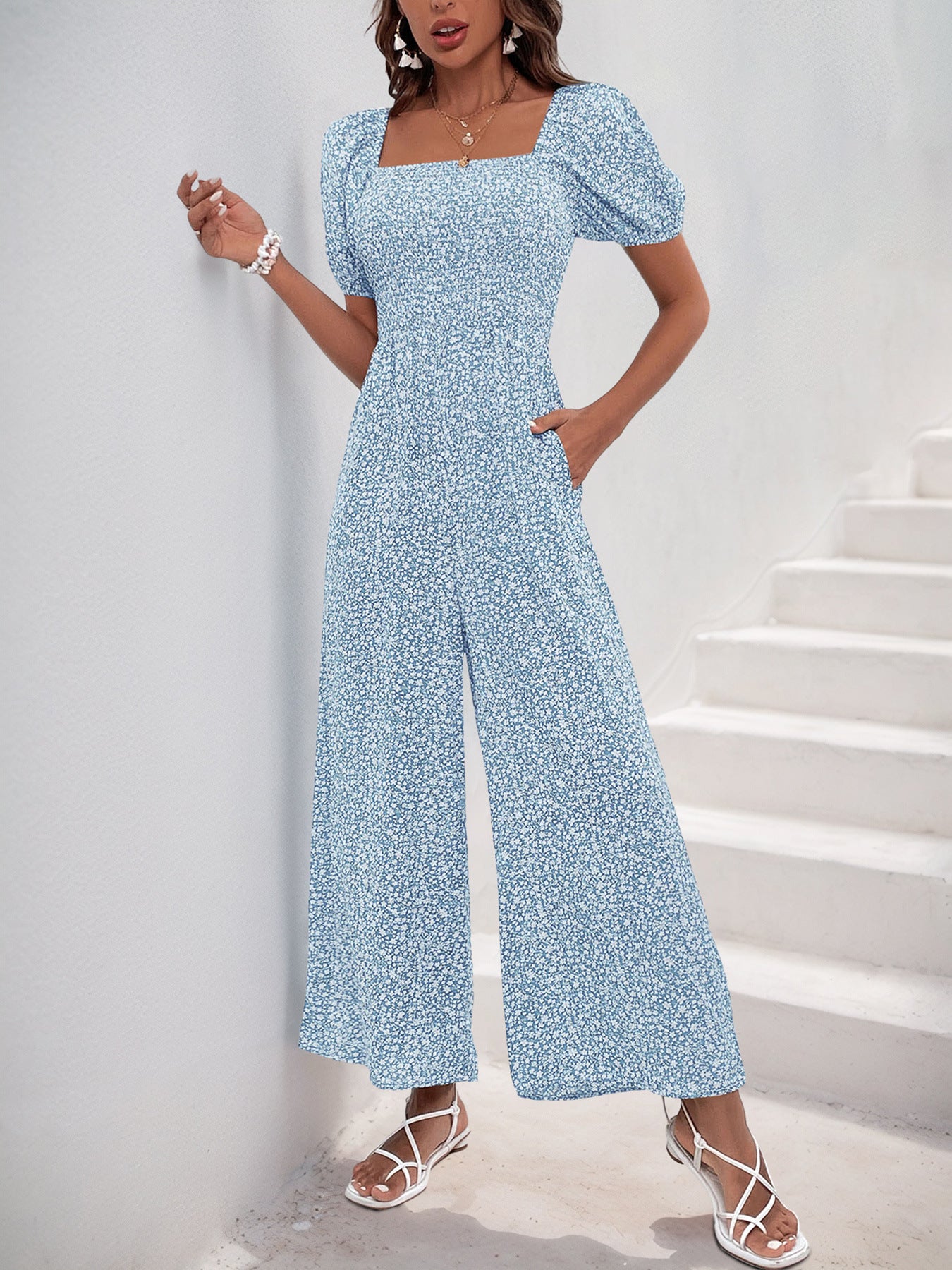 V Neck Wide Leg Polka Dot Jumpsuit