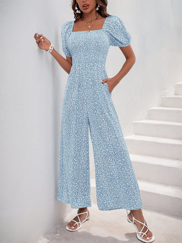 V Neck Wide Leg Polka Dot Jumpsuit
