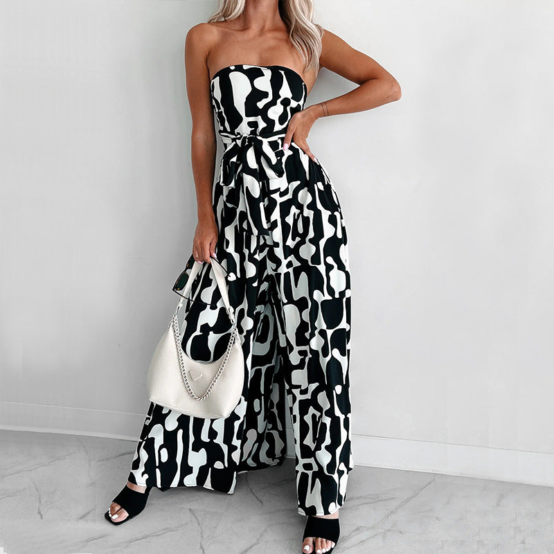 Black and white tube top printed jumpsuit