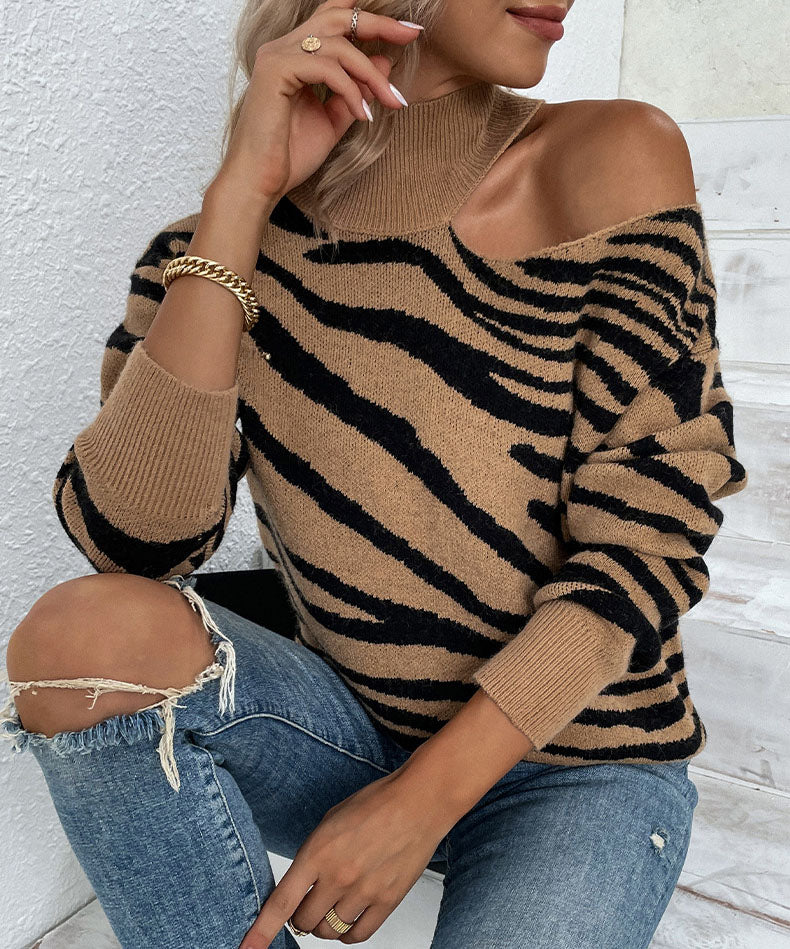 Tiger Print Turtleneck Drop-Shoulder Contrast Knit Sweater