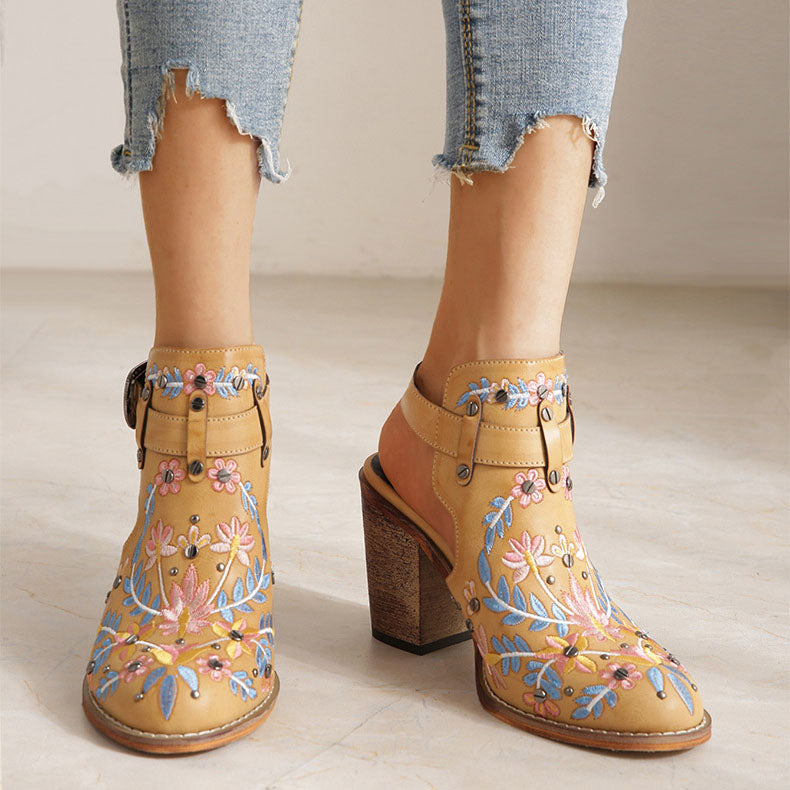 Vintage Floral Embroidered Espadrilles Chunky Heels