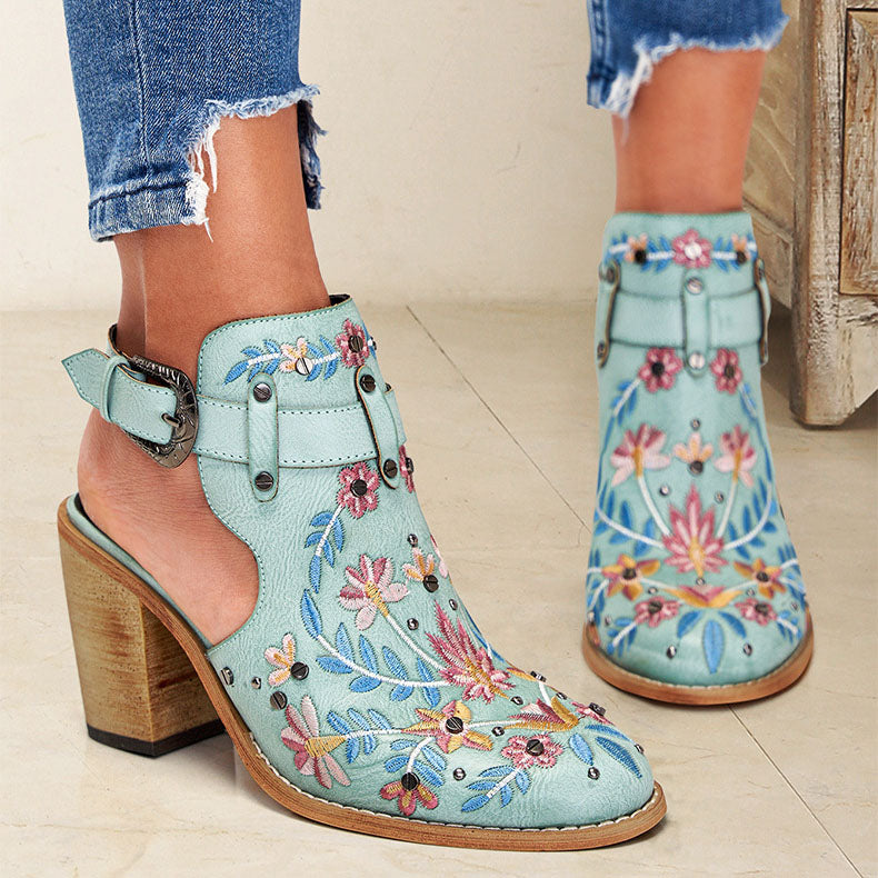 Vintage Floral Embroidered Espadrilles Chunky Heels