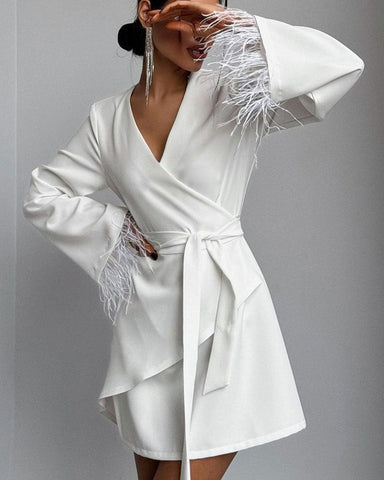 White Lace-up Long Sleeve Feather Mid-length Coat