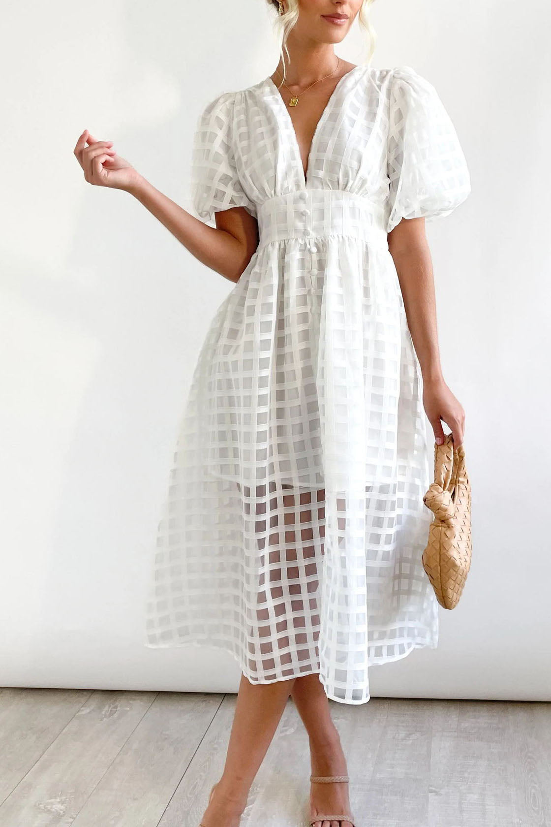 V-neck Lantern Sleeve Grid Semi-sheer Dress