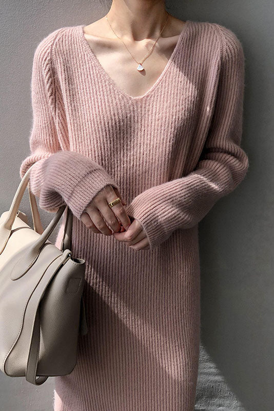 V-neck basic Cozy Knitted maxi Dress