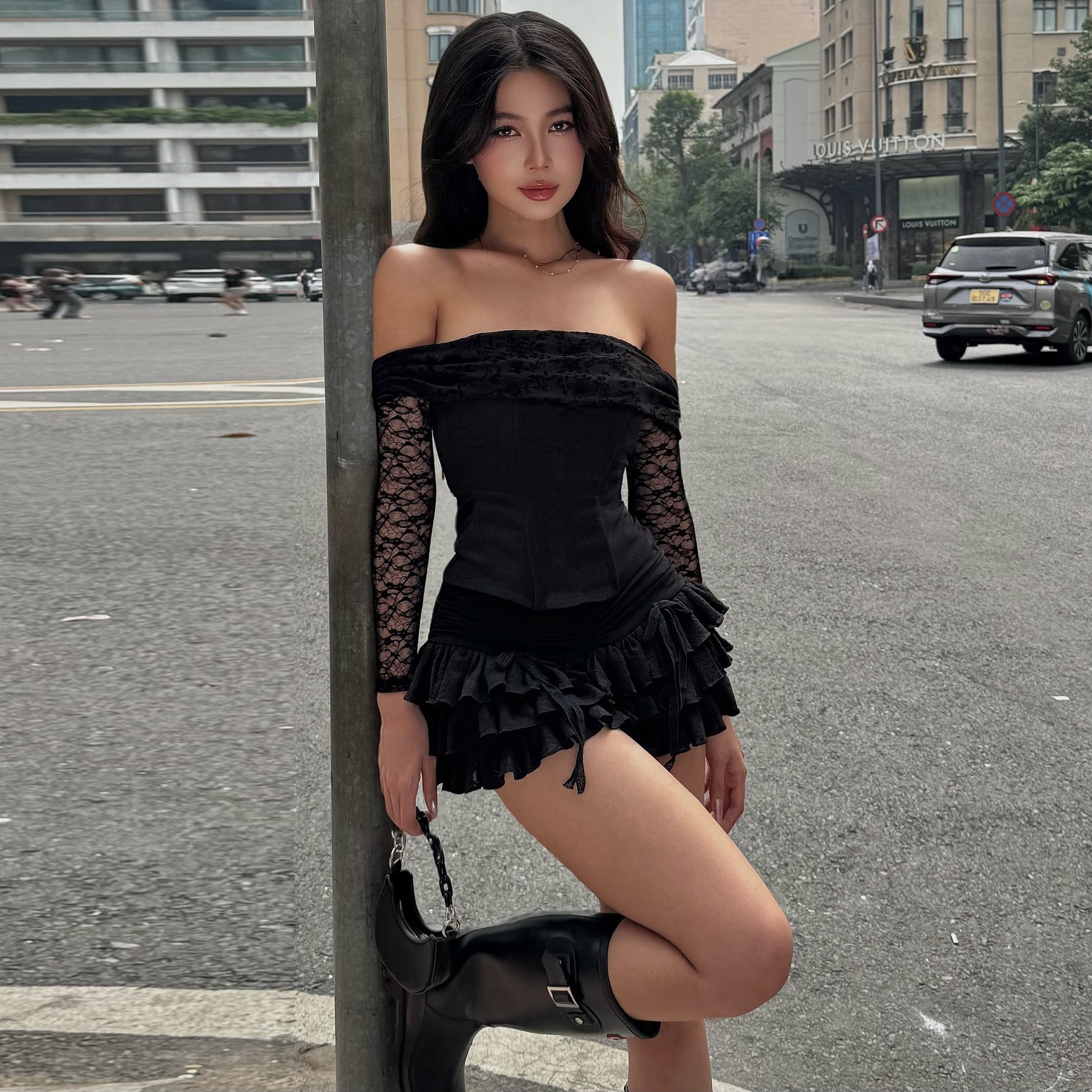 Lace mesh top and hip-hugging skirt suit