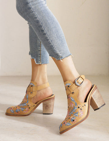 Vintage Floral Embroidered Espadrilles Chunky Heels