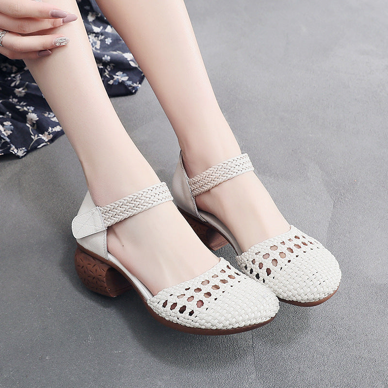 Women's Toe Breathable Chunky Woven Hollowed Heels