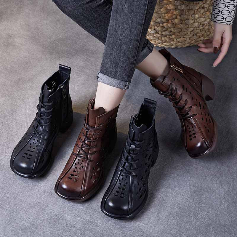 Women's Cowhide High Summer Retro Platform Breathable Heels