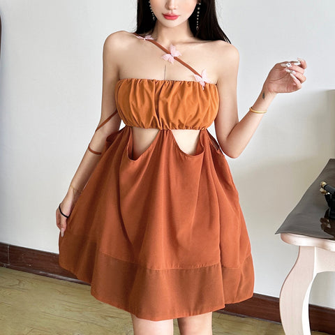 3D flower waist-baring hollow design one-shoulder dress