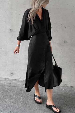 Button Bat Sleeve Midi Shirt Dress