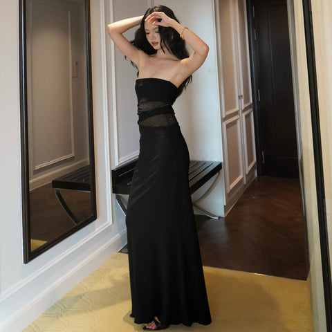 Shiny Silk Twist-Panel Slim-Fit Strapless Dress