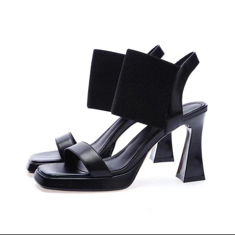 Women's Korean Peep Toe Chunky Square Elastic Heels