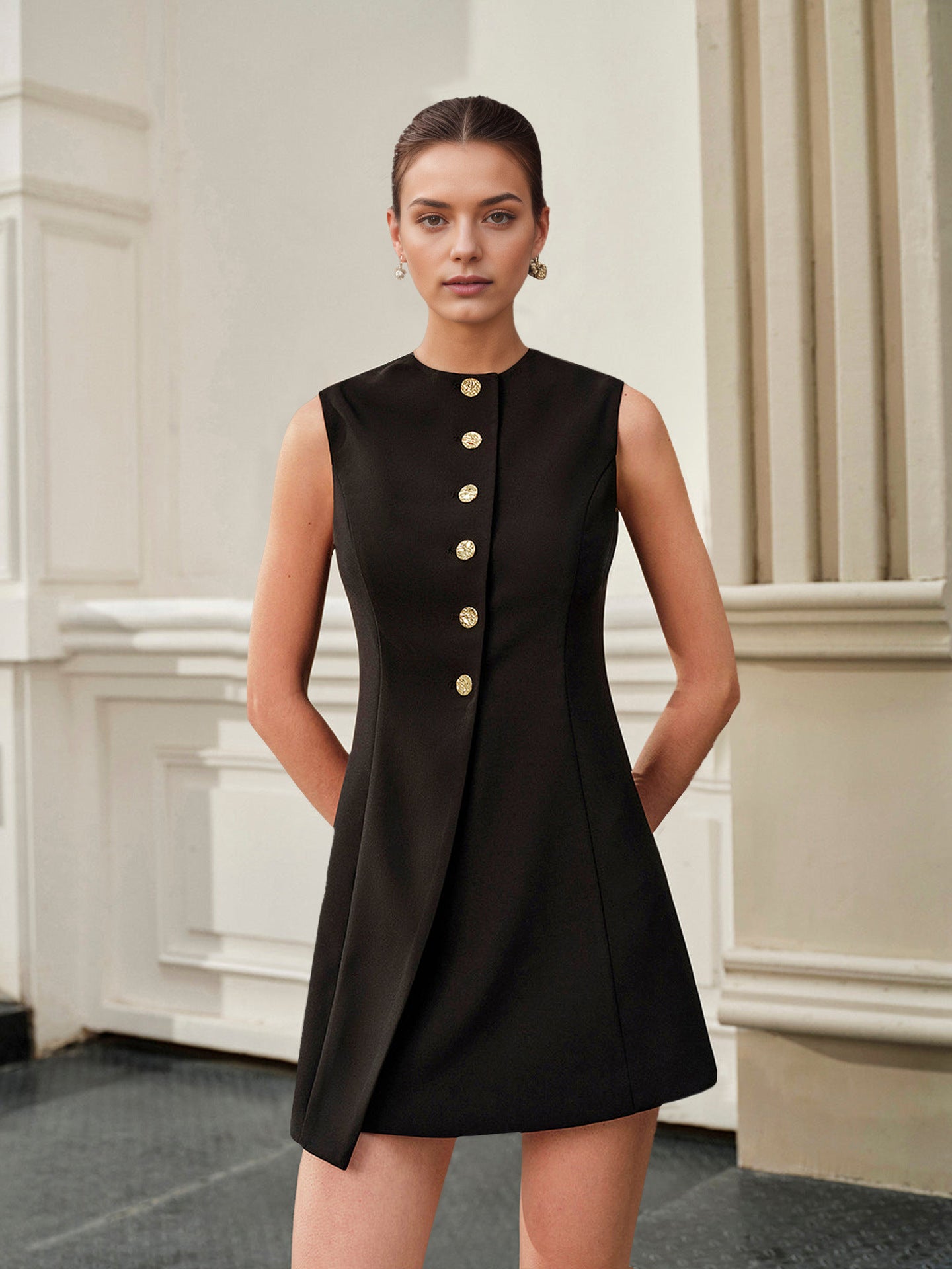 Asymmetric Button-Strapped Sleeveless Short Dress
