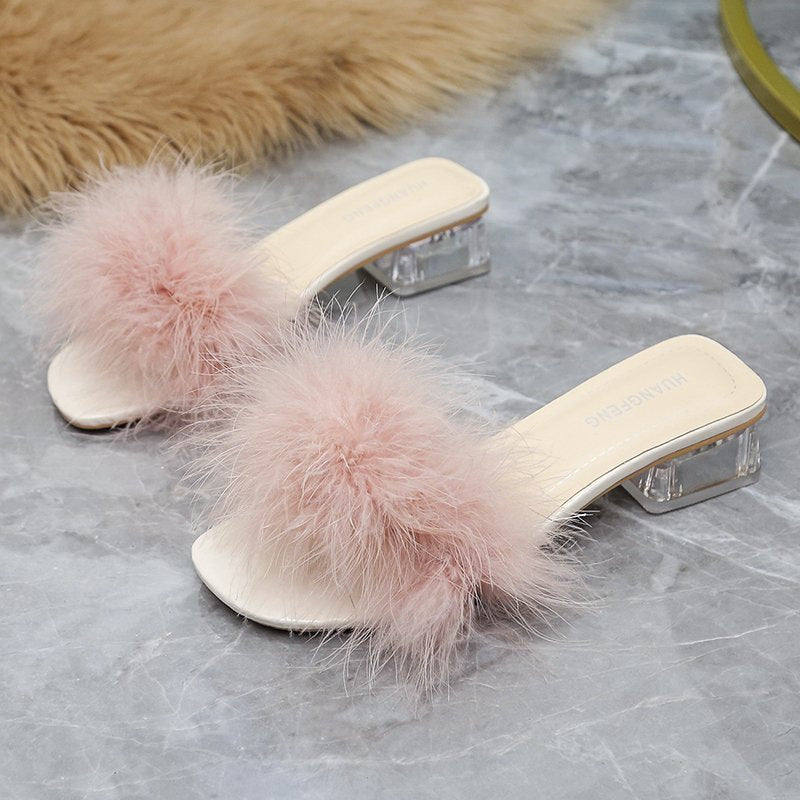 Women's Summer Korean Chunky Feather Solid Color Heels