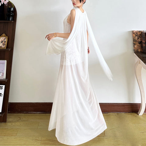 Halter neck lace panel design solid color long dress