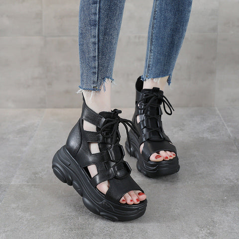 Women's Cowhide Wedge Platform Roman Genuine Retro Heels