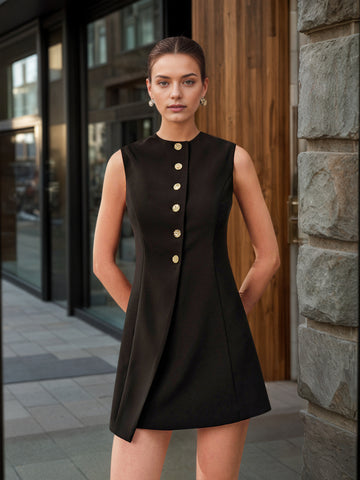 Asymmetric Button-Strapped Sleeveless Short Dress
