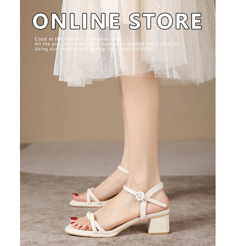 Women's Summer White Square Toe Thick Heels