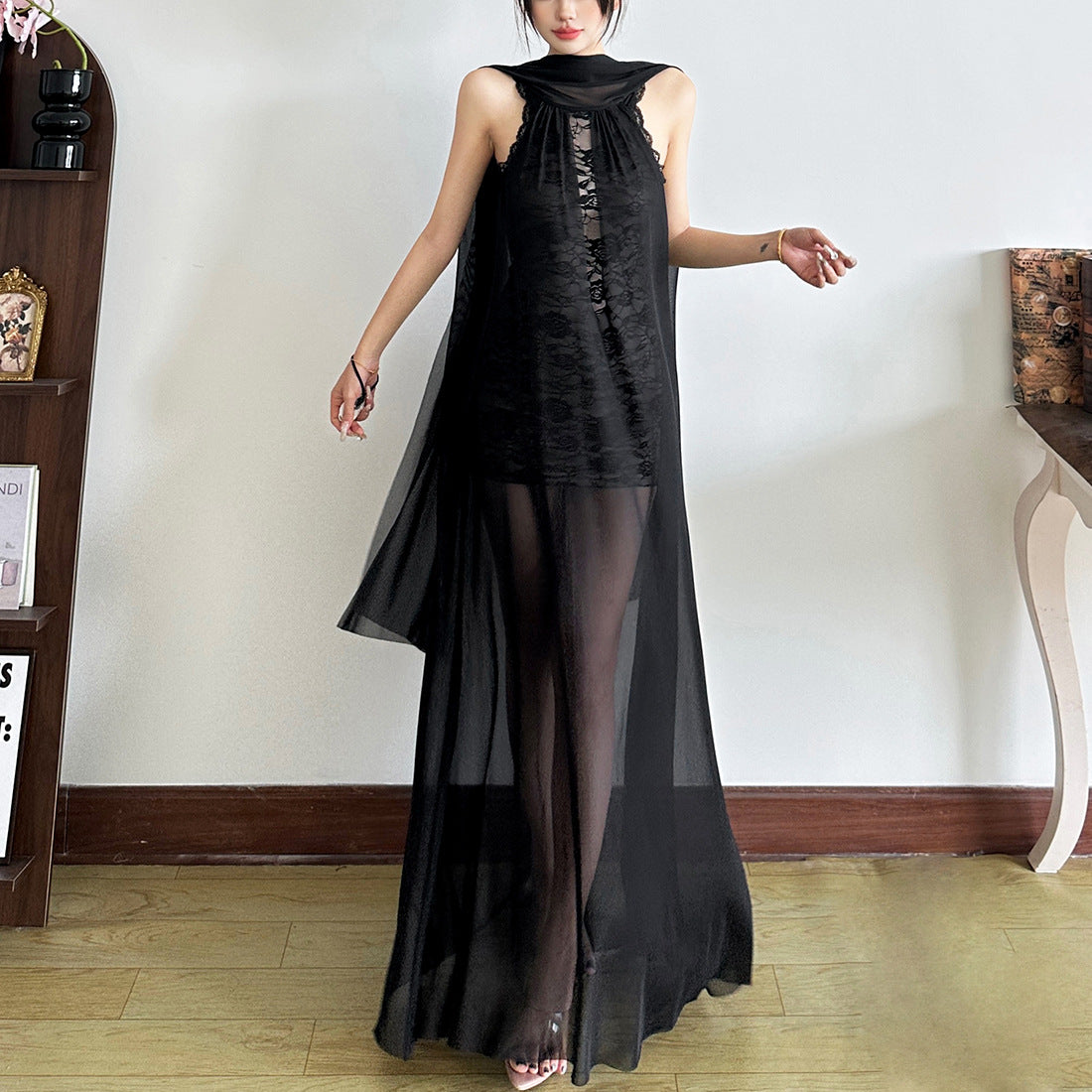 Halter neck lace panel design solid color long dress