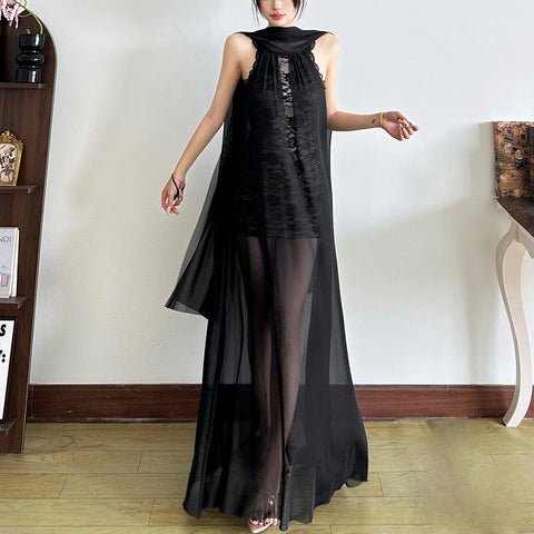 Halter neck lace panel design solid color long dress