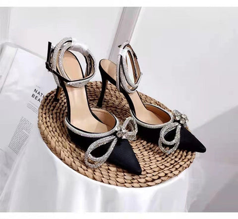 Women's Bowknot Rhinestone High Silk Back Heels