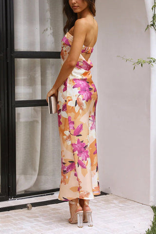 Floral Strapless Backless Midi Dress