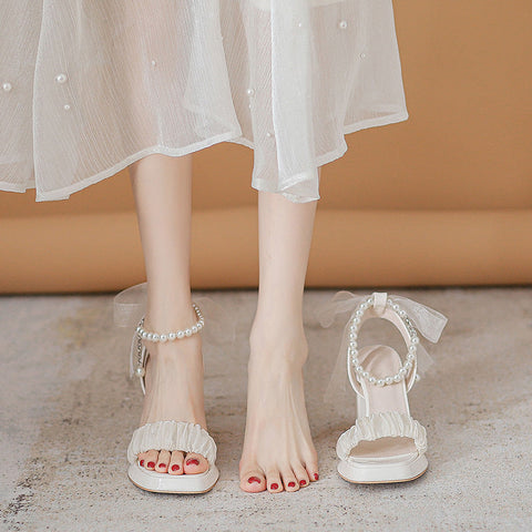 Women's Summer Chunky Platform Pearl Mary Heels