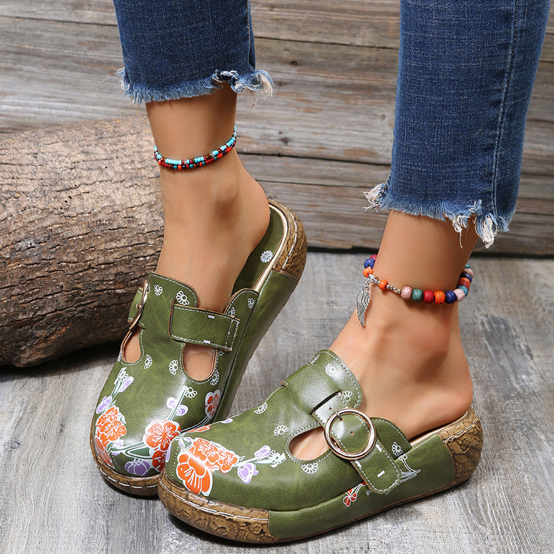 Vintage Print Platform Toe Slippers