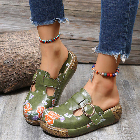 Vintage Print Platform Toe Slippers