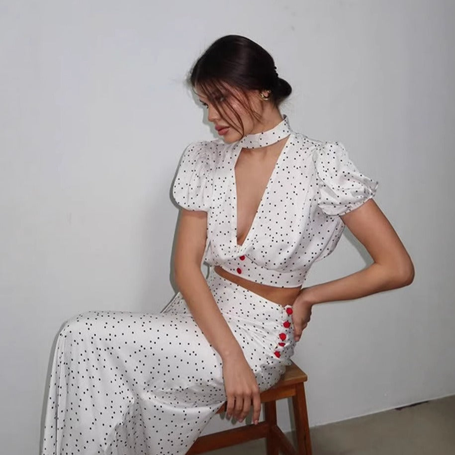 Polka Dot Print Hip Fishtail Skirt Suit