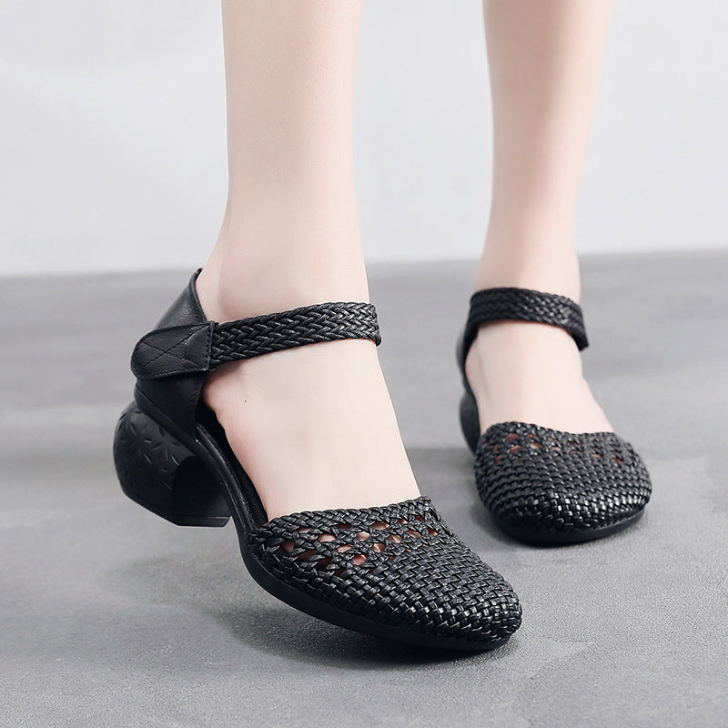 Women's Toe Breathable Chunky Woven Hollowed Heels