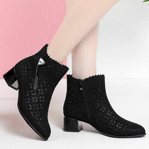 Charming Women's Mid Chunky Perforated Retro Heels