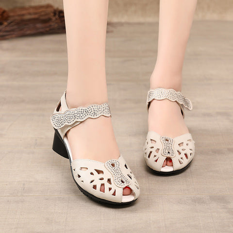 Women's Mid Chunky Summer Versatile Rhinestone Peep Toe Heels