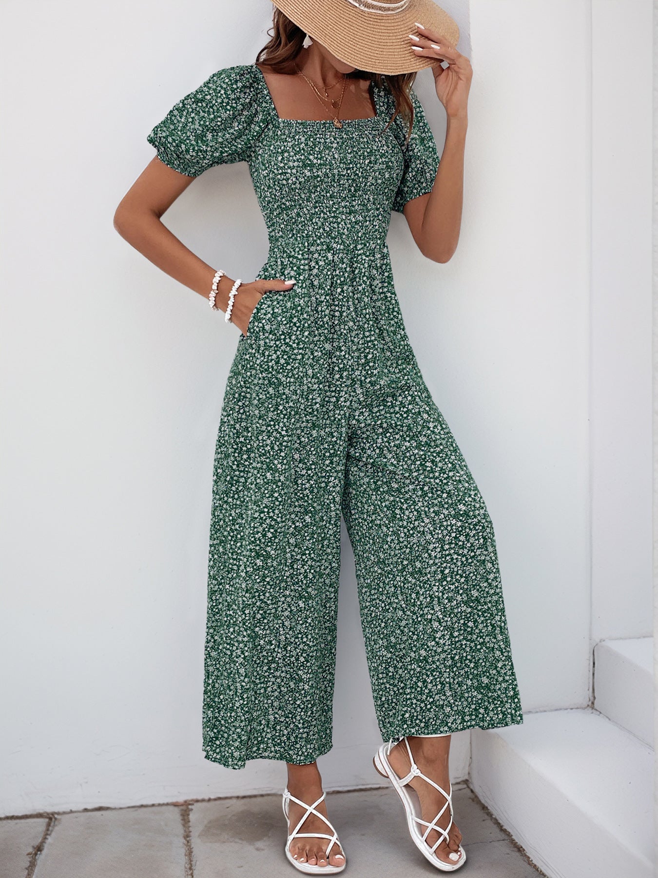 V Neck Wide Leg Polka Dot Jumpsuit