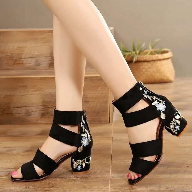 Mid Open Toe Elastic Band Back Zipper Heels