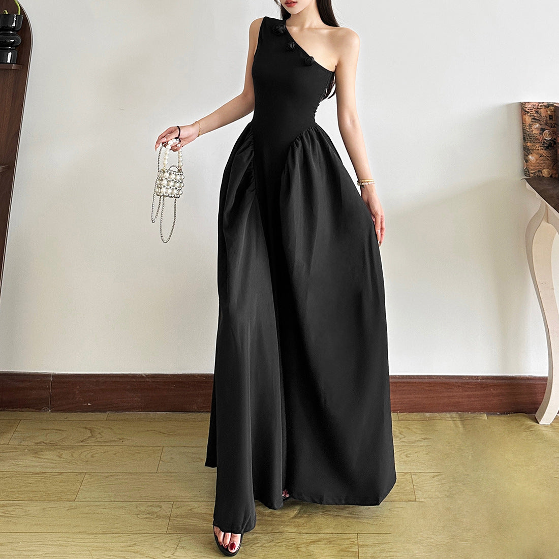One-shoulder design 3D flower embellished maxi dress