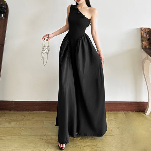 One-shoulder design 3D flower embellished maxi dress