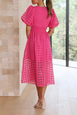 V-neck Lantern Sleeve Grid Semi-sheer Dress